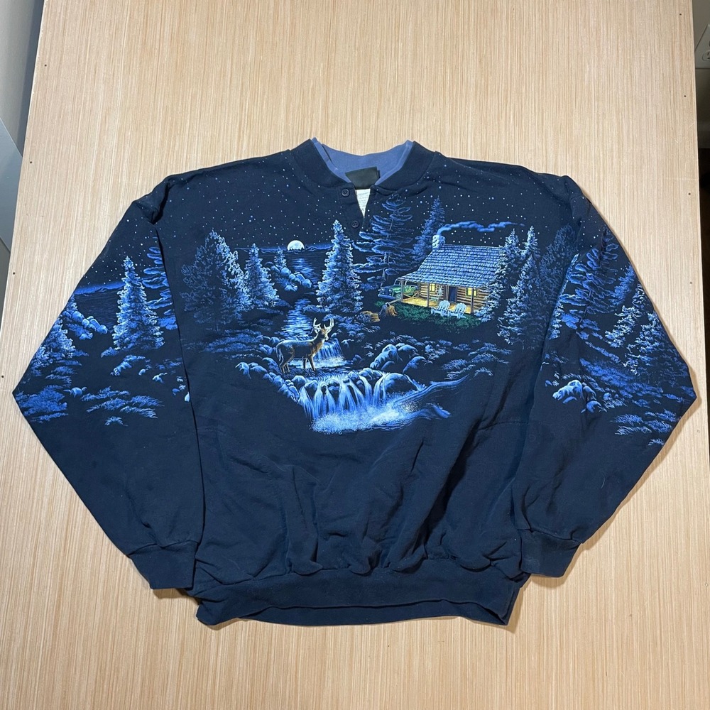 Art Unlimited Sportswear Sweatshirt Mens XXL Navy Blue All Over Print Cabin Deer